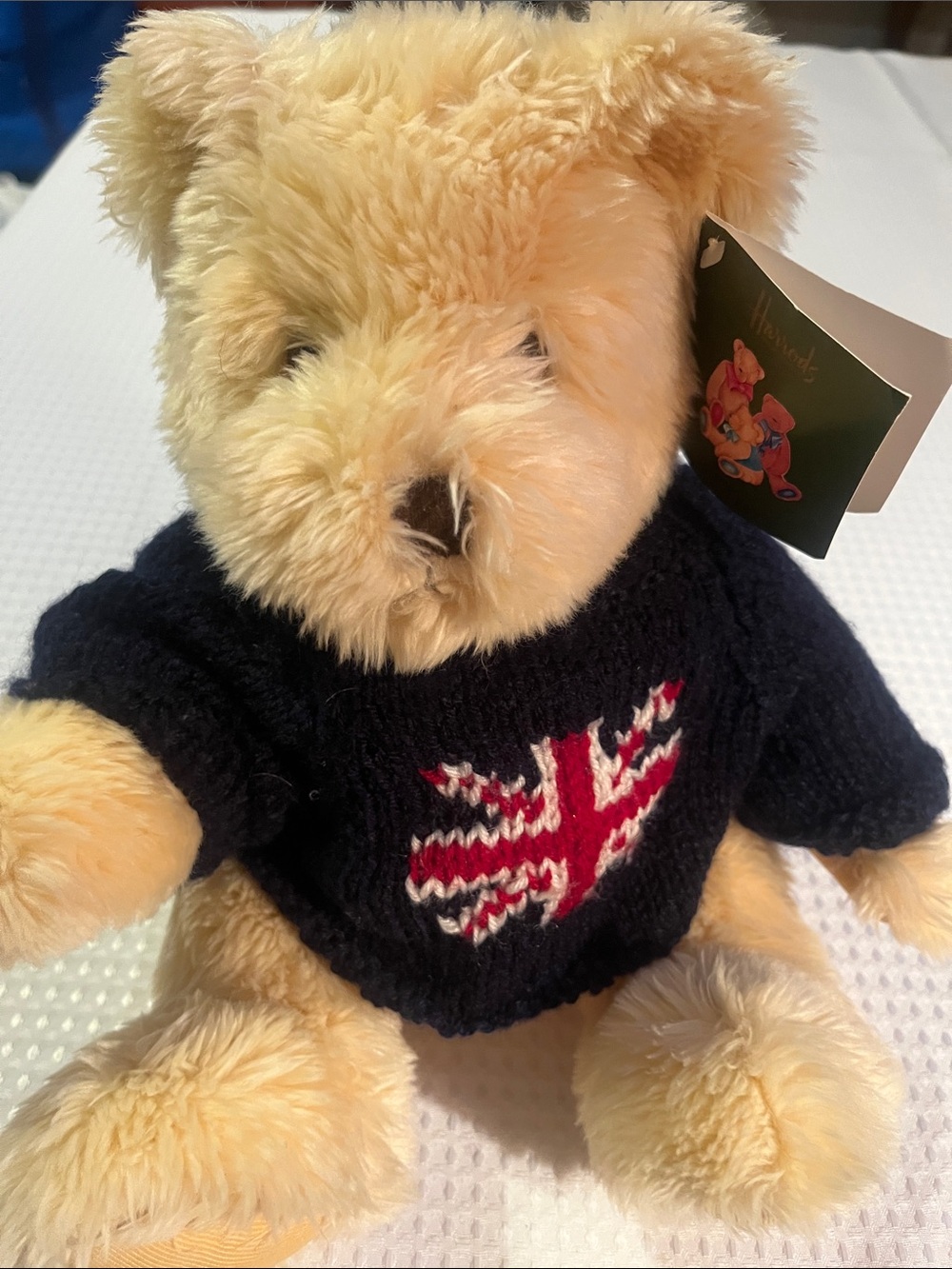 Harrods Plush Bear in Navy Sweater with Red and White Union Jack